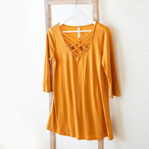 ZENANA MUSTARD FALL YELLOW 3/4 SLEEVE BRAIDED CAGE FRONT TUNIC TOP